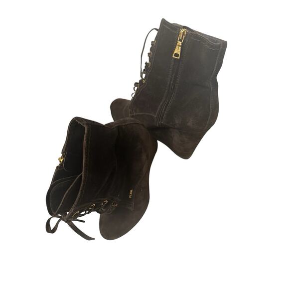 PRADA N4782 Women's Dark Brown Suede Lace Up Wedge Bootie Size 39 - Picture 1 of 15